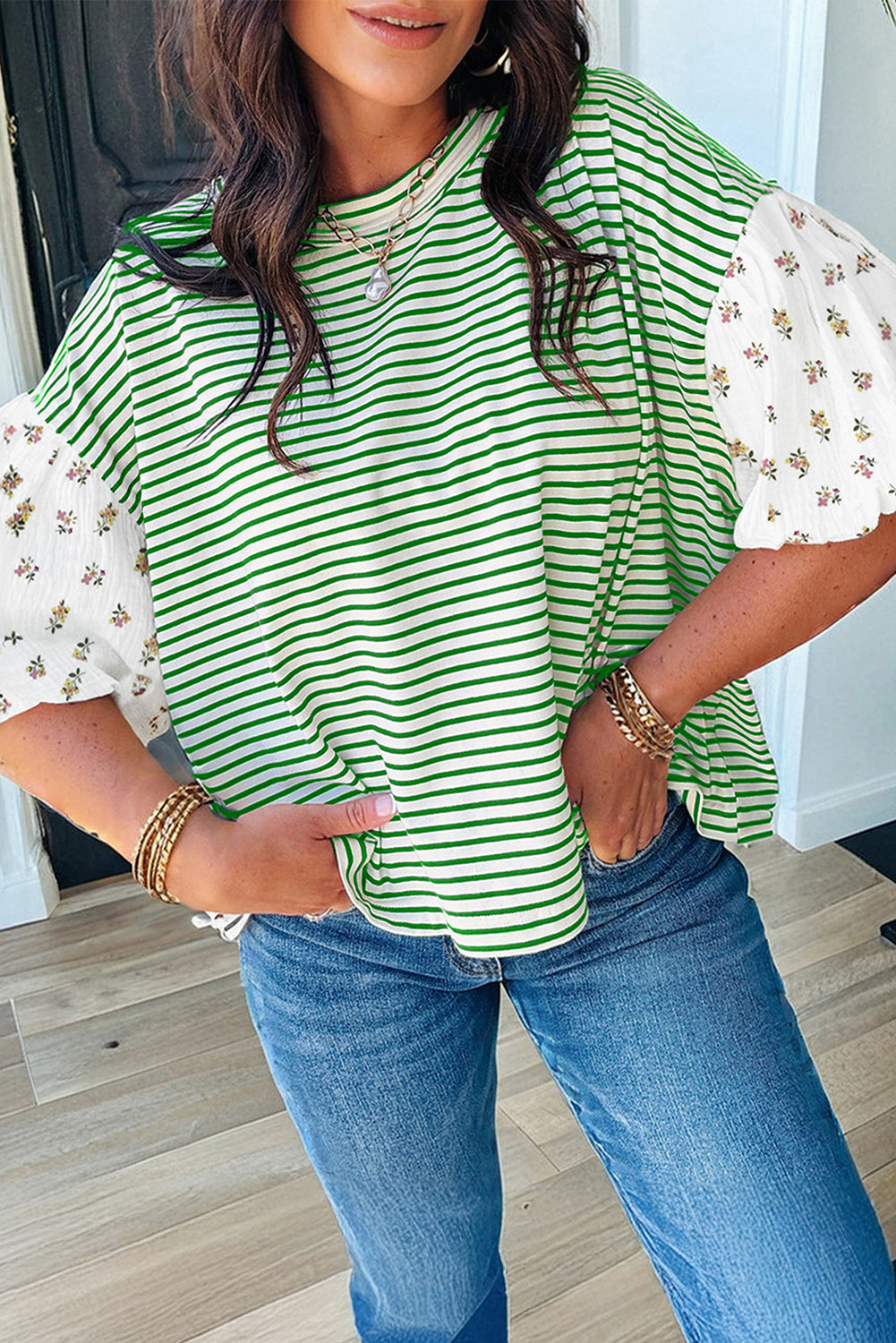 Striped Floral Patchwork Puff Sleeve Casual Top