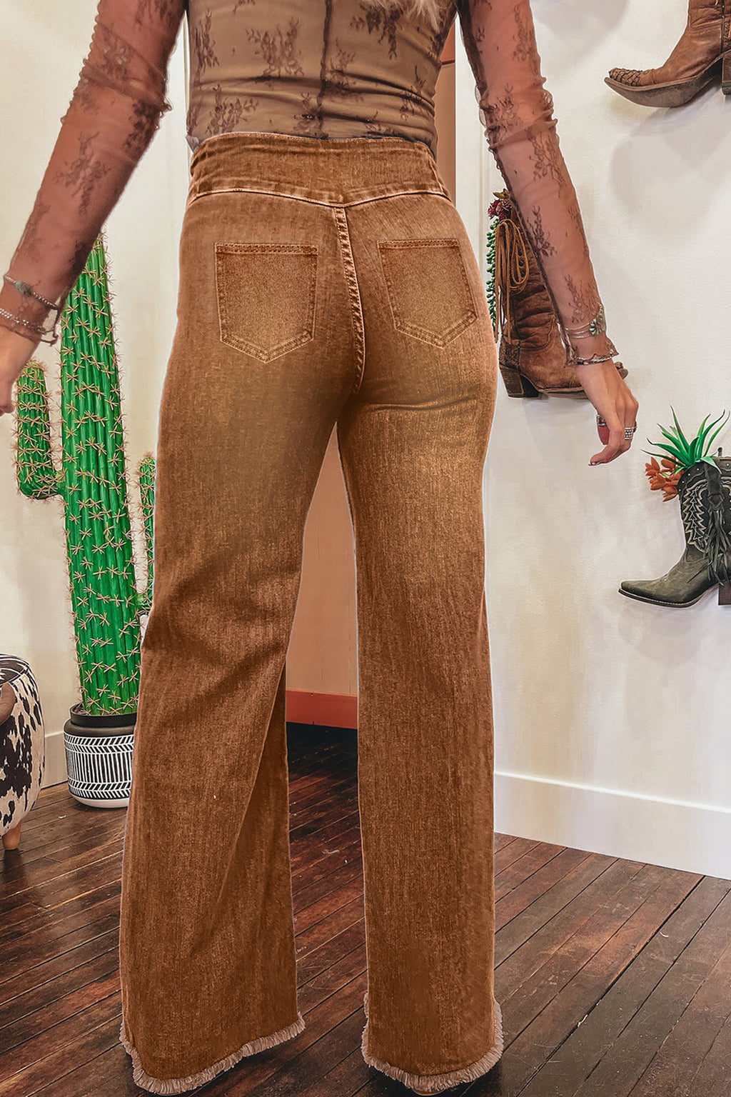 Sail Blue & Coffee High Waist Button Fly Seamed Raw Hem Flare Jeans