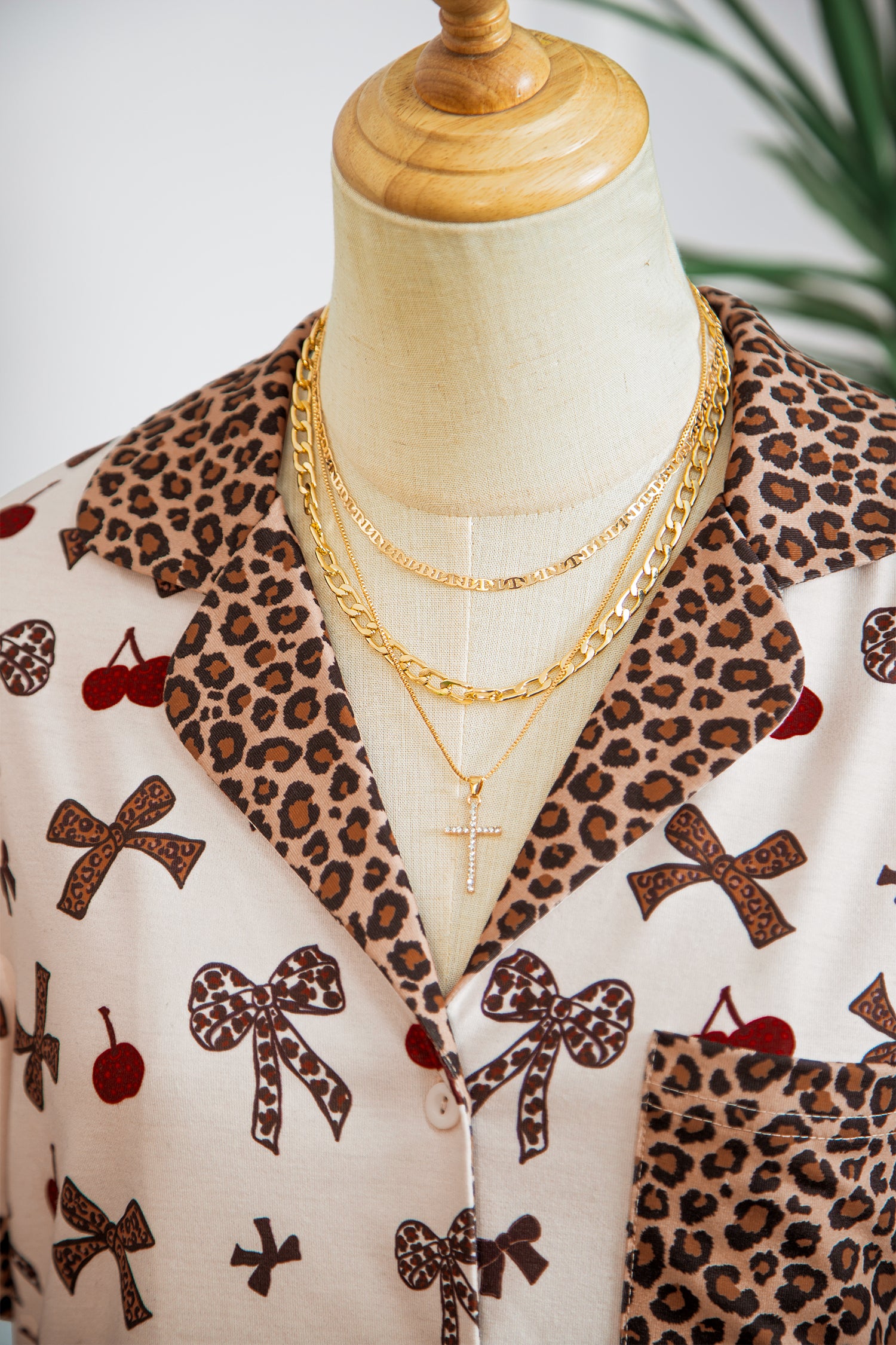 White Chic Bow Cherry Printed Leopard Contrast Patchwork Shirt Drawstring Shorts 2pcs PJ Set