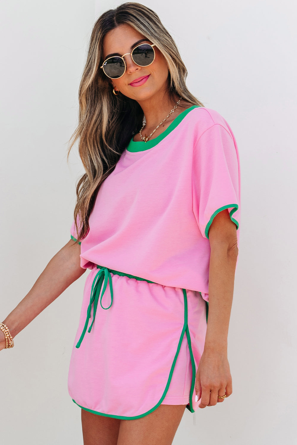 Colorblock Edge Drop Shoulder T Shirt and Skort 2Pcs Set