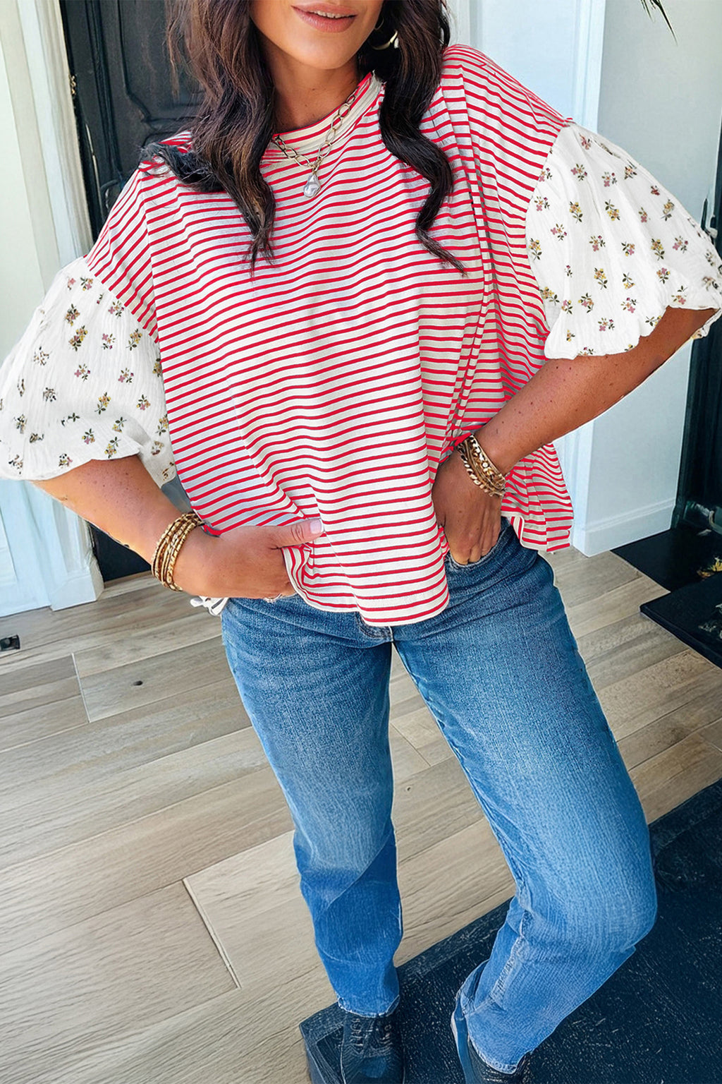 Striped Floral Patchwork Puff Sleeve Casual Top
