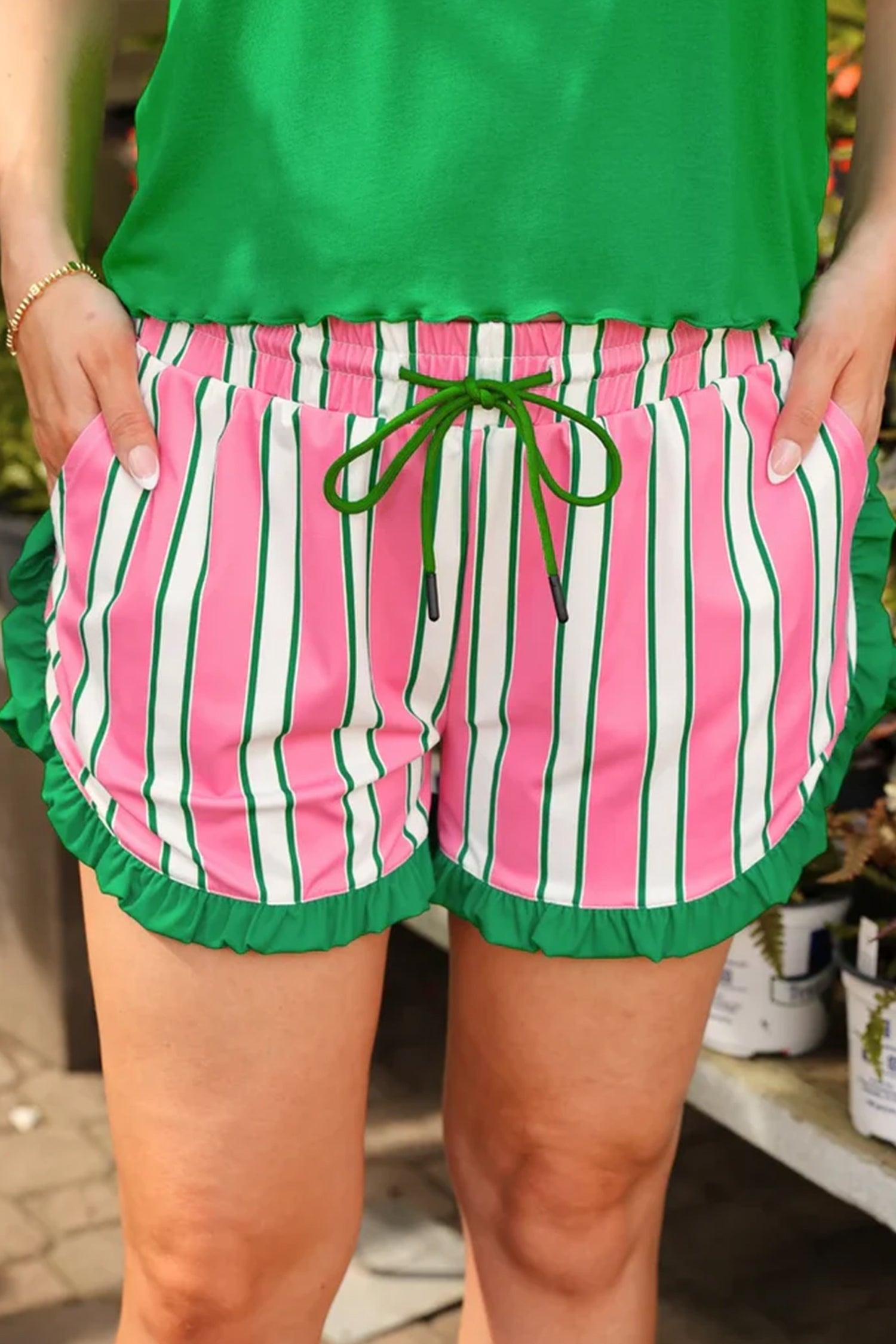 Green & Pink Stripe Contrast Ruffle Trim Shorts