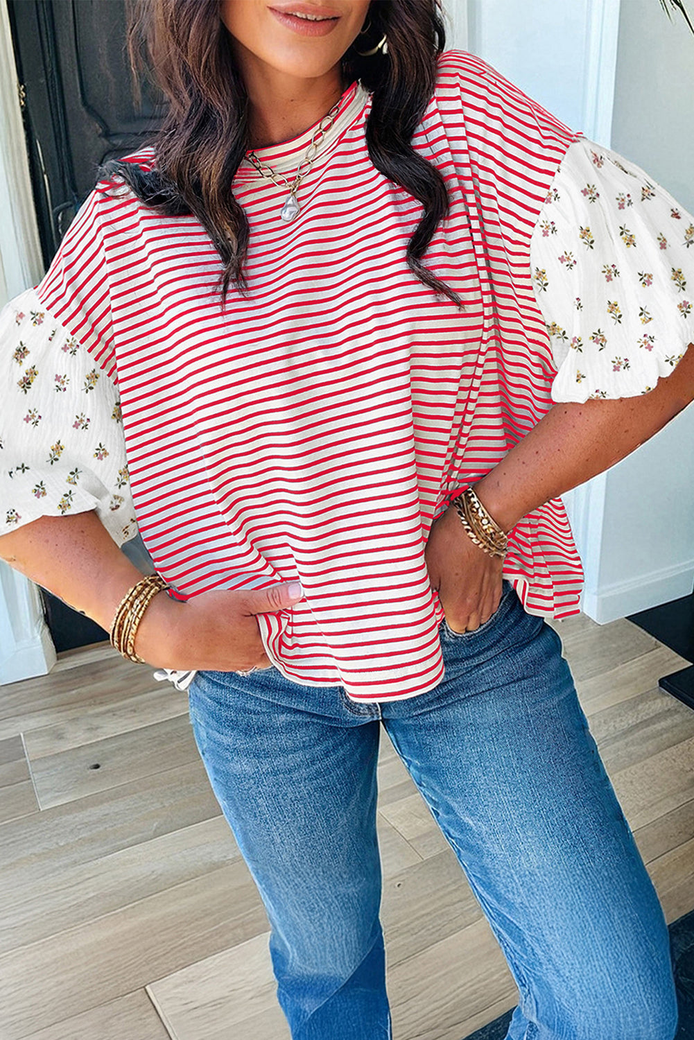 Striped Floral Patchwork Puff Sleeve Casual Top