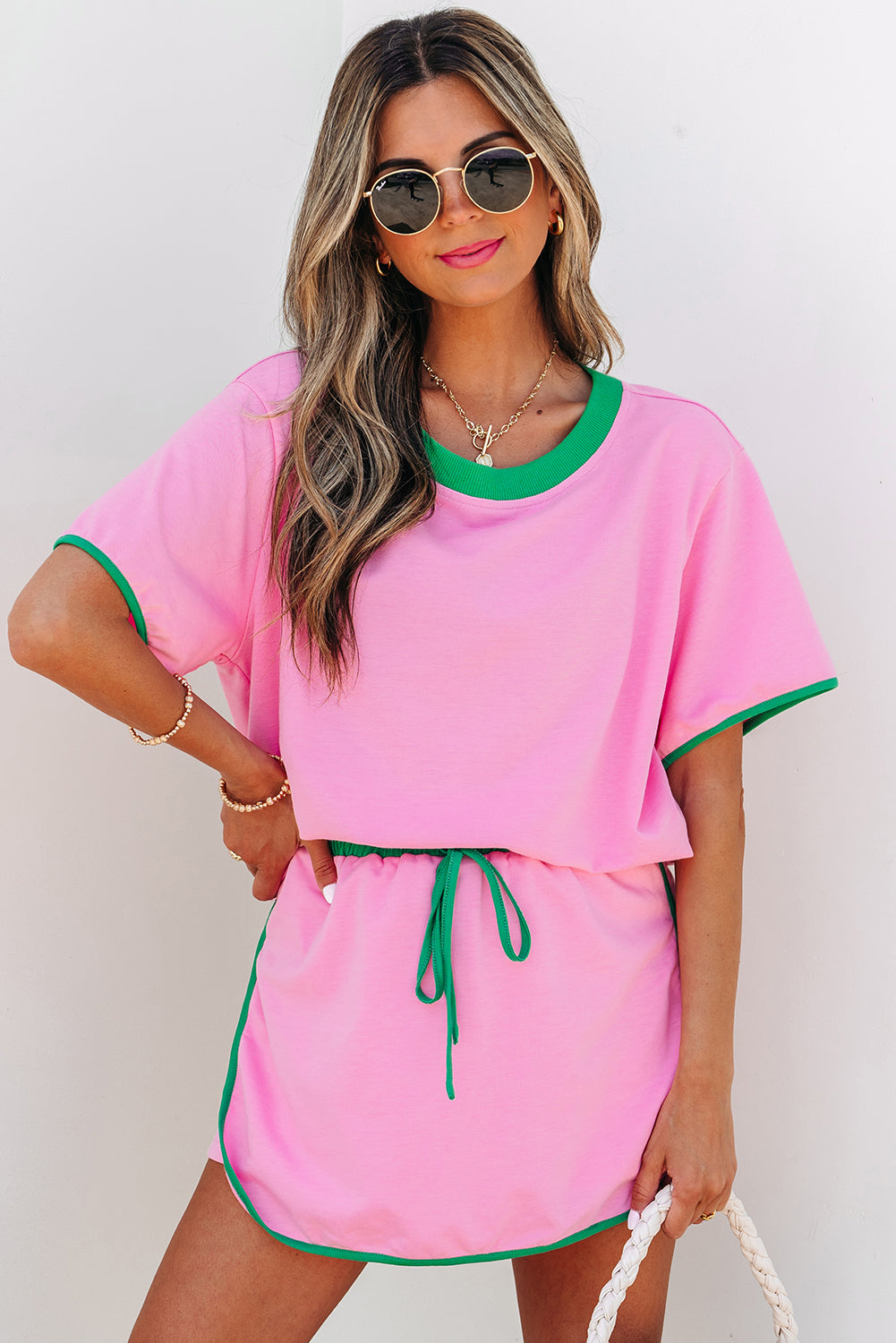 Colorblock Edge Drop Shoulder T Shirt and Skort 2Pcs Set