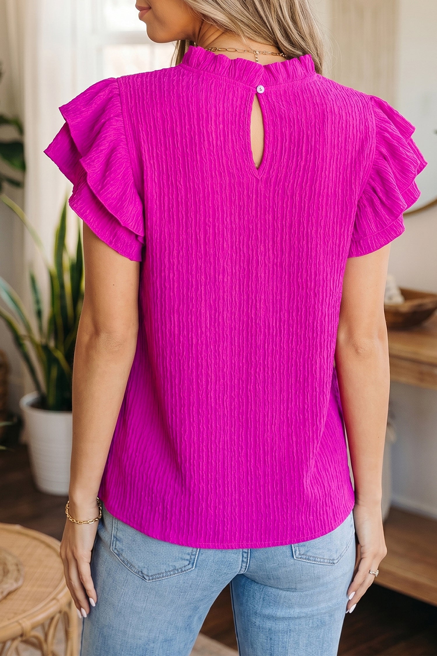 Solid Color Textured Ruffle Trim Short Sleeve Blouse