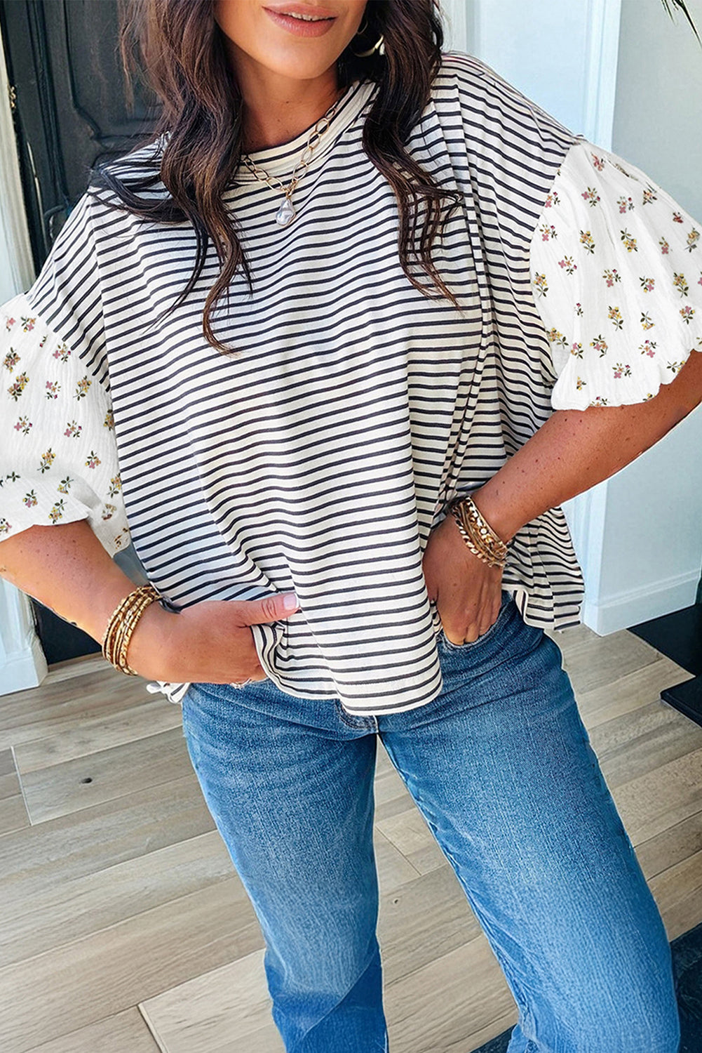 Striped Floral Patchwork Puff Sleeve Casual Top