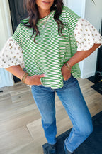 Striped Floral Patchwork Puff Sleeve Casual Top