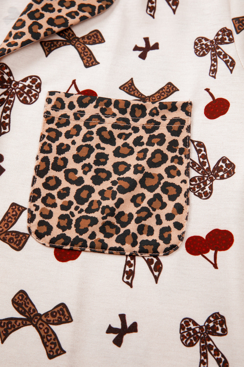 White Chic Bow Cherry Printed Leopard Contrast Patchwork Shirt Drawstring Shorts 2pcs PJ Set