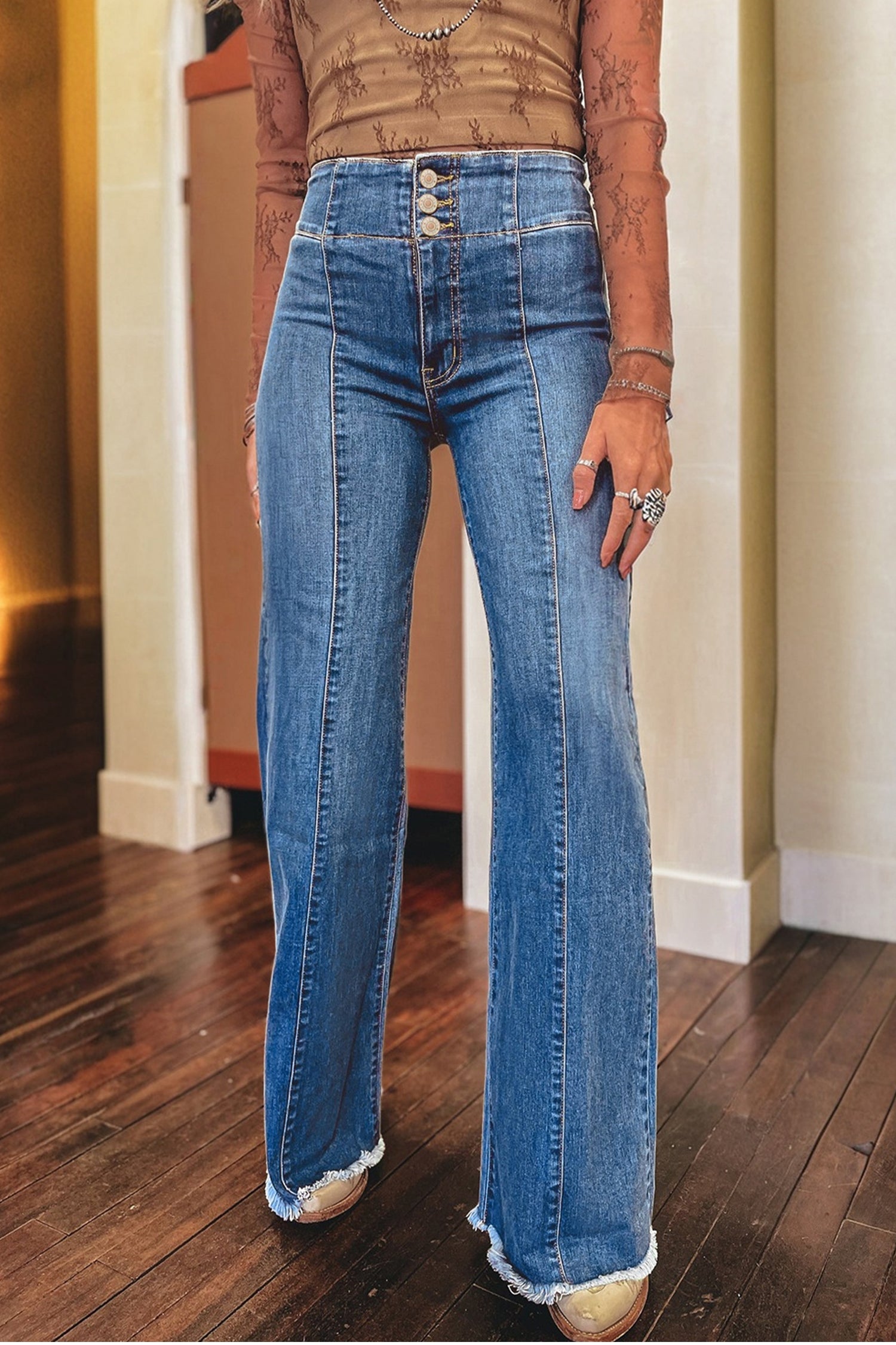 Sail Blue & Coffee High Waist Button Fly Seamed Raw Hem Flare Jeans