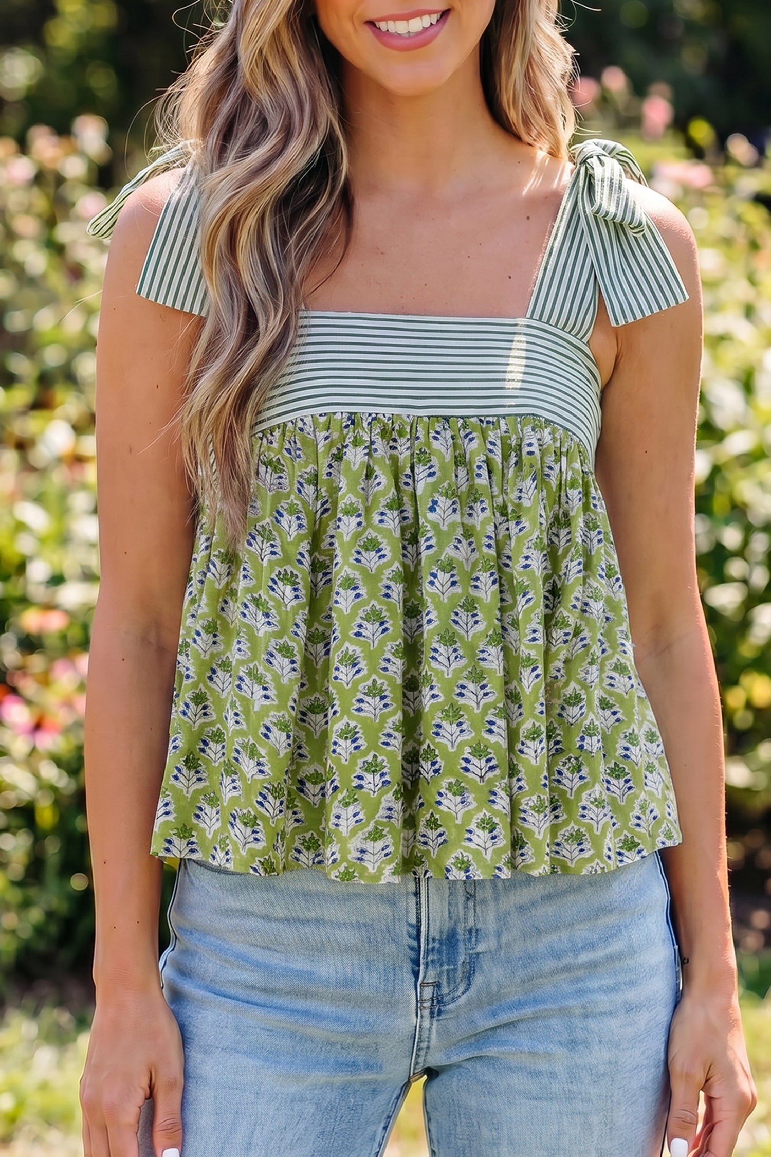 Floral Printed Knot Straps Babydoll Tank Top