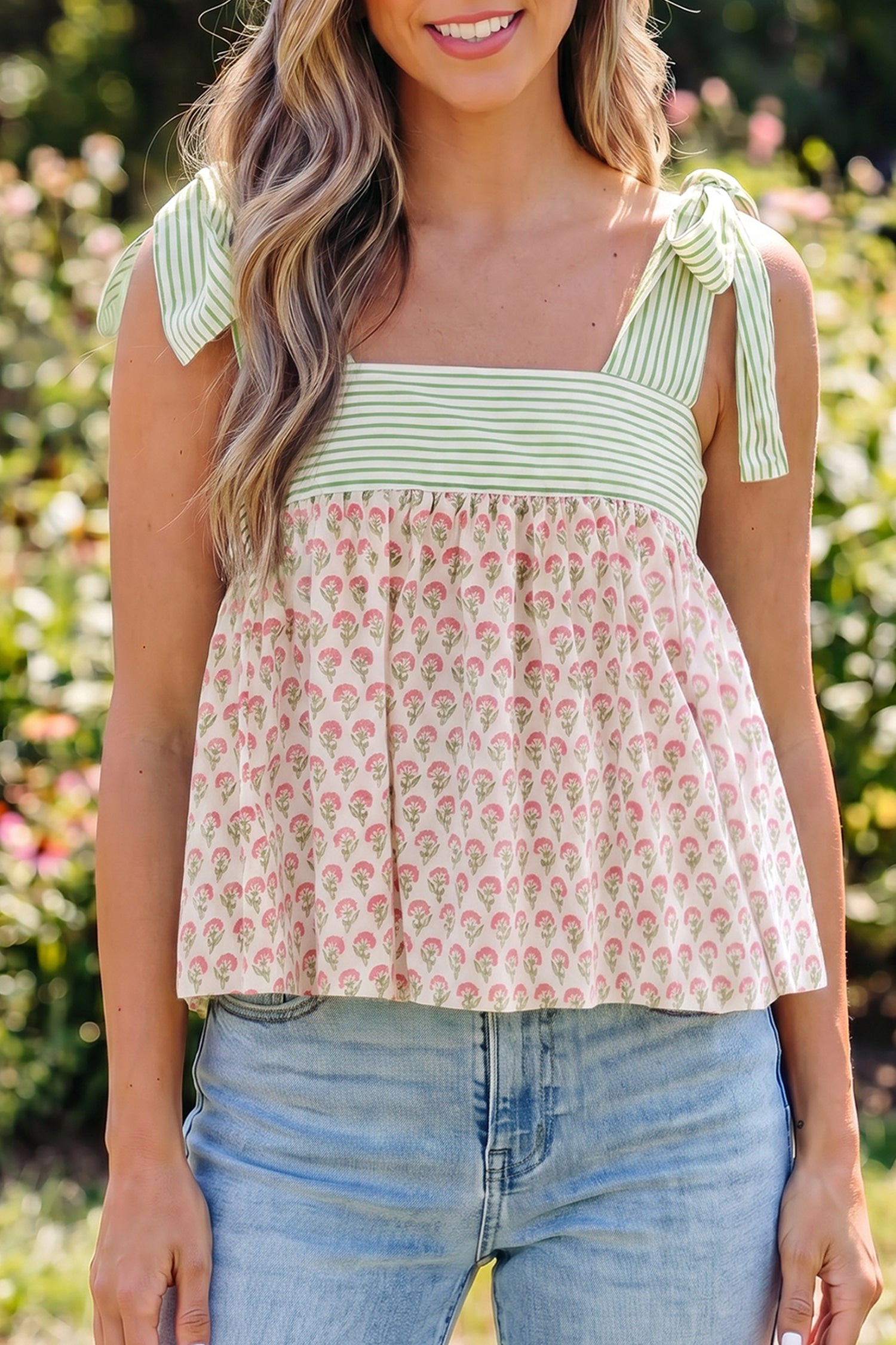Floral Printed Knot Straps Babydoll Tank Top