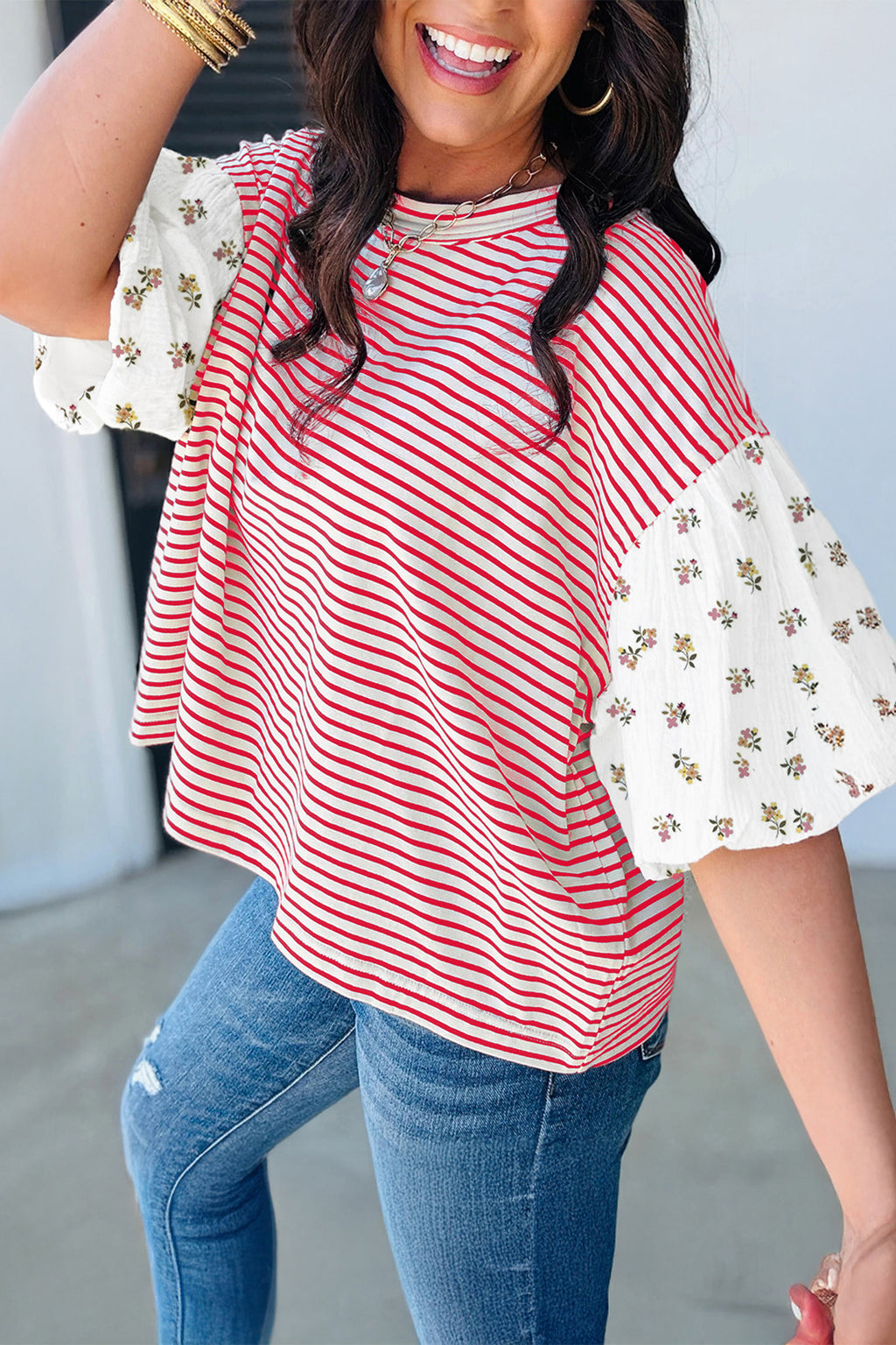 Striped Floral Patchwork Puff Sleeve Casual Top