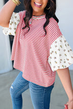 Striped Floral Patchwork Puff Sleeve Casual Top