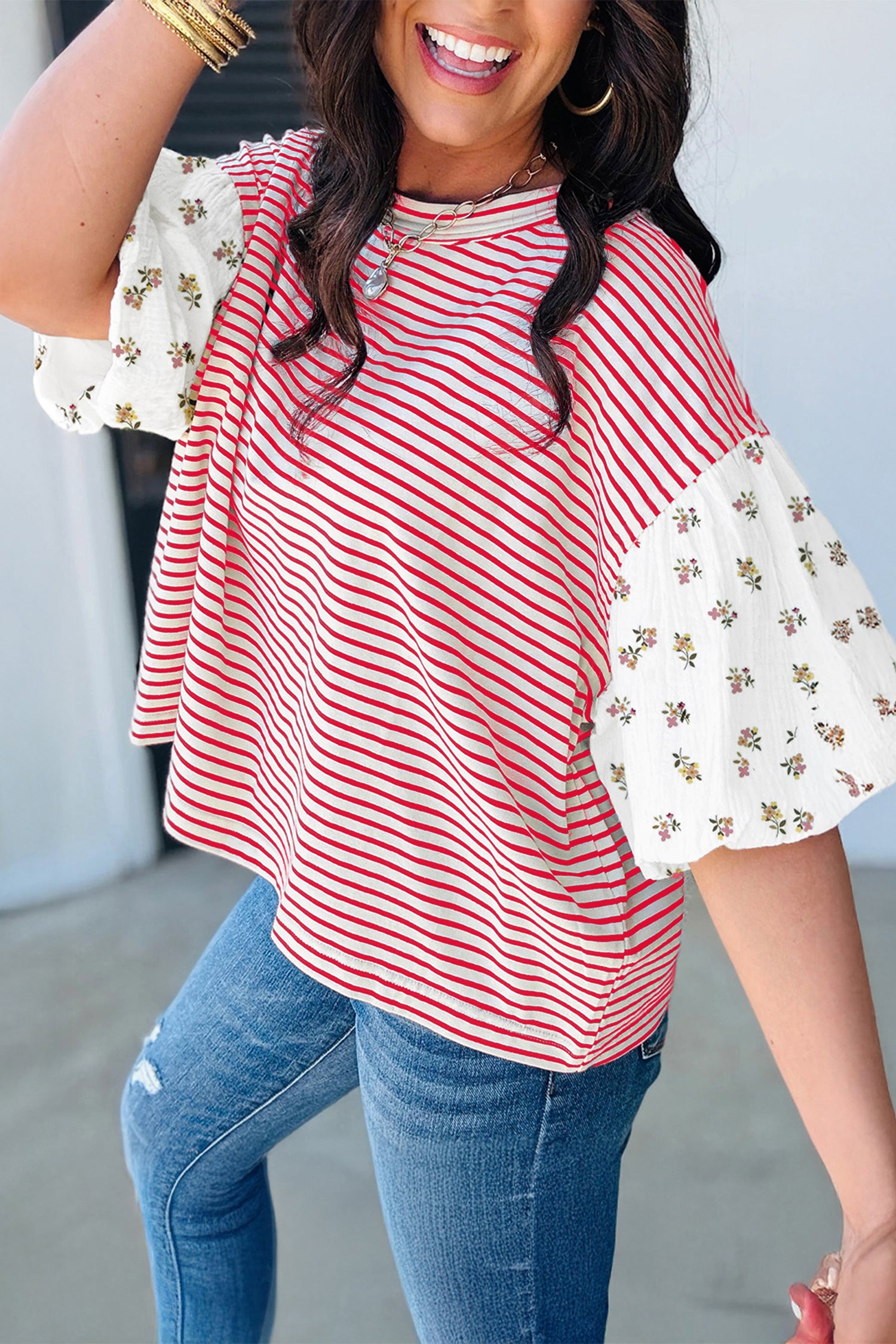 Striped Floral Patchwork Puff Sleeve Casual Top