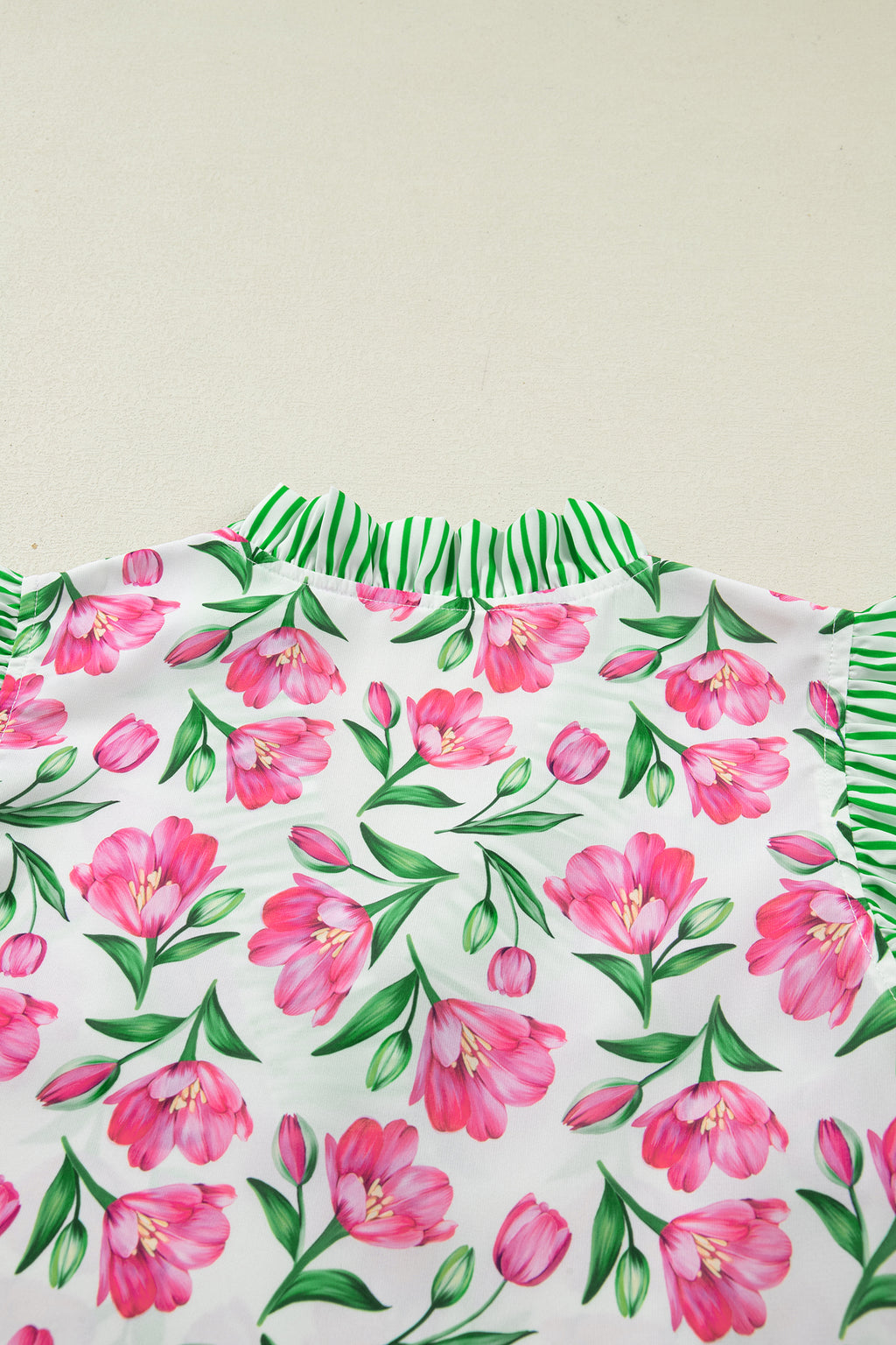 Multicolour Sweet Floral Print Striped Ruffle Trim V Neck Blouse
