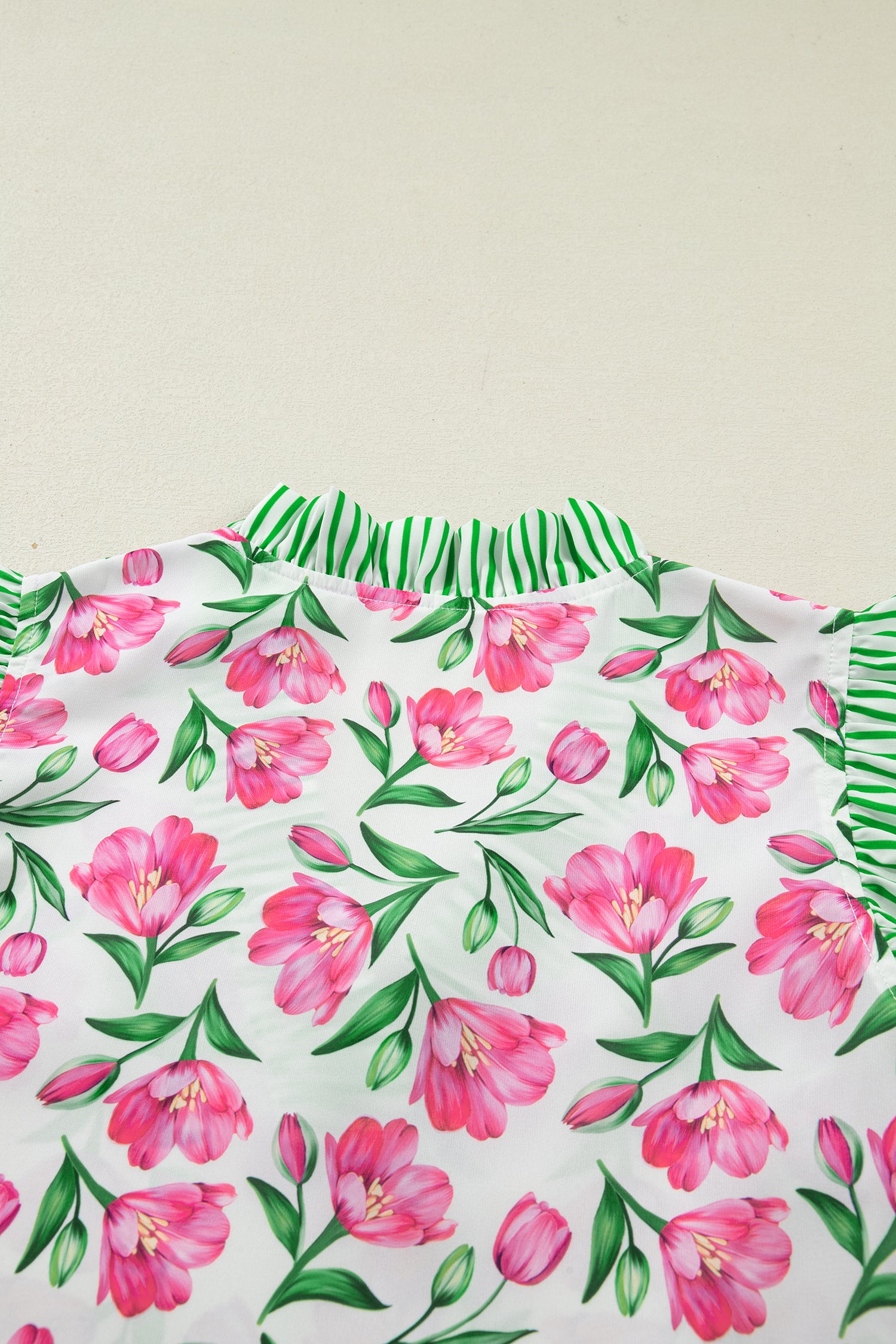 Multicolour Sweet Floral Print Striped Ruffle Trim V Neck Blouse