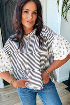 Striped Floral Patchwork Puff Sleeve Casual Top