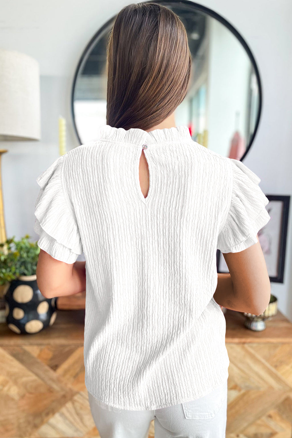 Solid Color Textured Ruffle Trim Short Sleeve Blouse