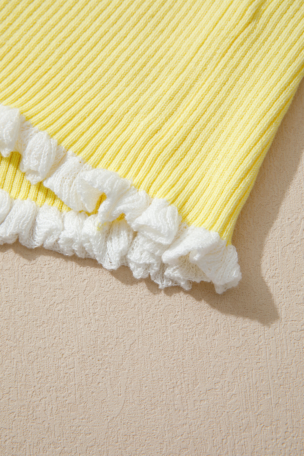 Yellow Cream Ribbed Knit Contrast Frilled Short Sleeve Sweater Cardigan