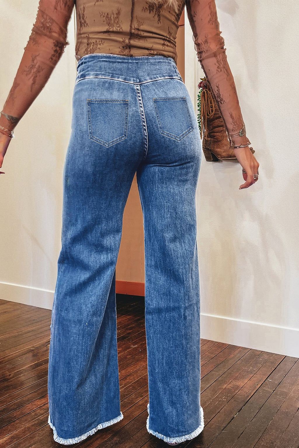 Sail Blue & Coffee High Waist Button Fly Seamed Raw Hem Flare Jeans