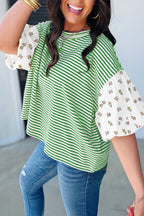 Striped Floral Patchwork Puff Sleeve Casual Top