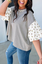Striped Floral Patchwork Puff Sleeve Casual Top