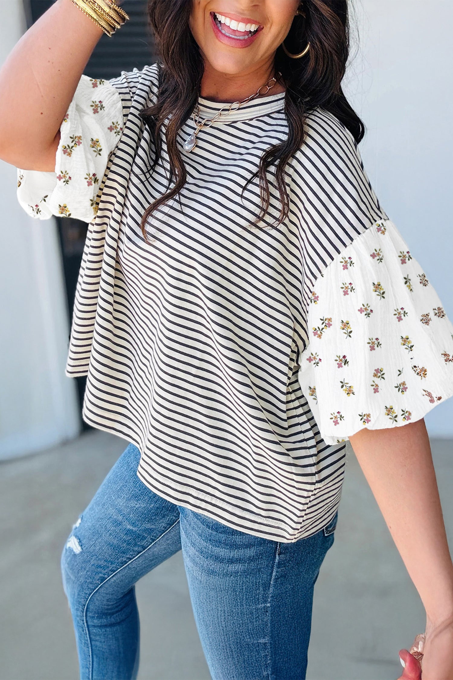Striped Floral Patchwork Puff Sleeve Casual Top