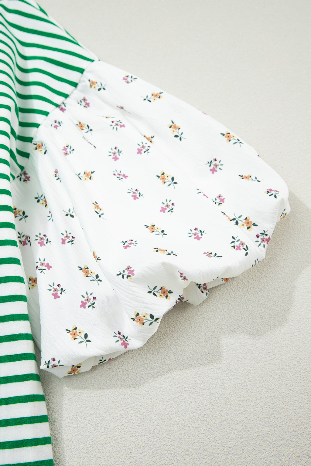 Striped Floral Patchwork Puff Sleeve Casual Top