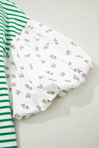 Striped Floral Patchwork Puff Sleeve Casual Top