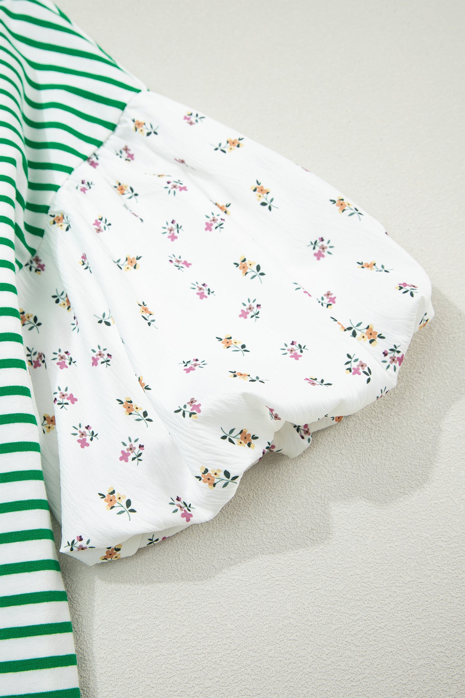 Striped Floral Patchwork Puff Sleeve Casual Top