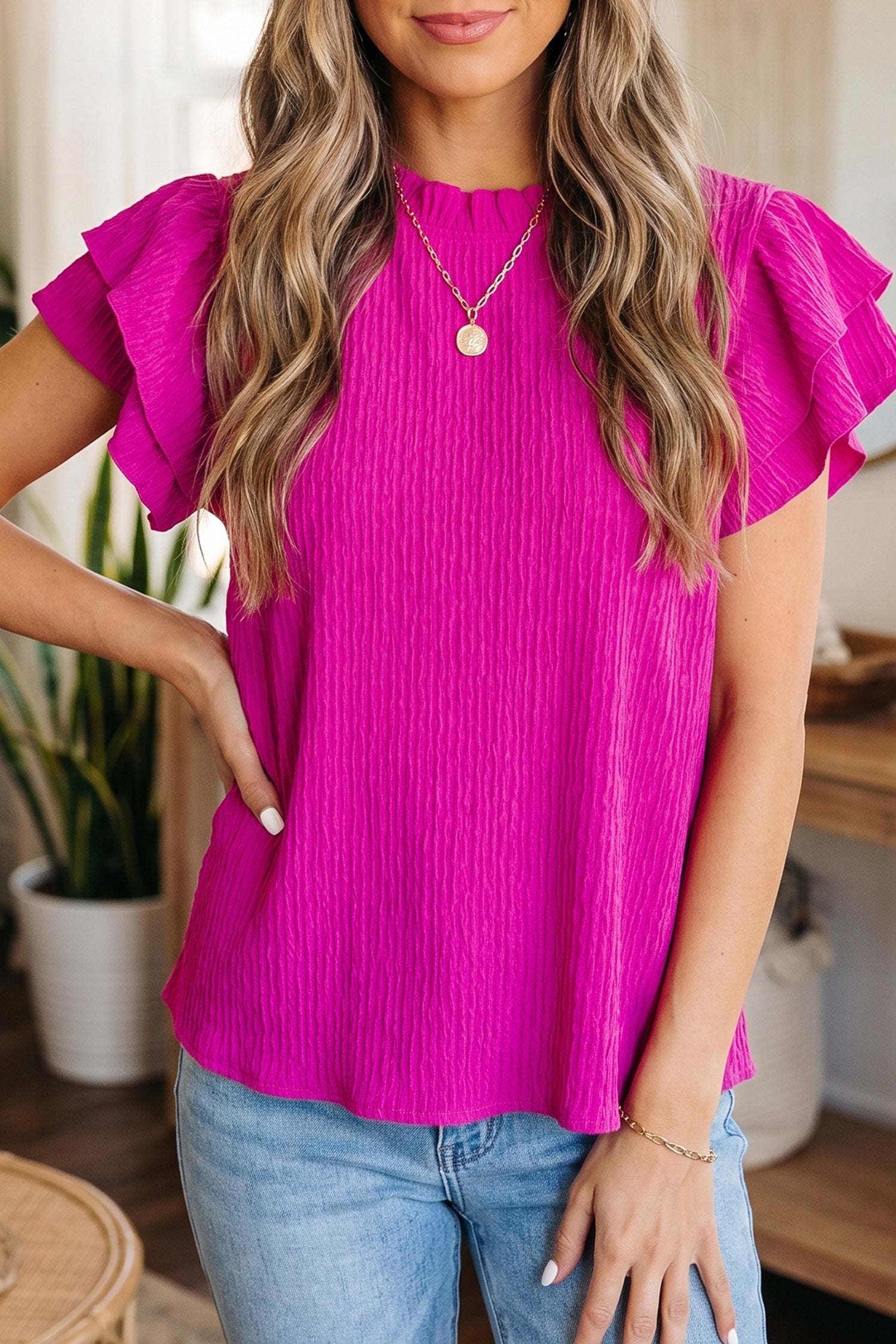 Solid Color Textured Ruffle Trim Short Sleeve Blouse
