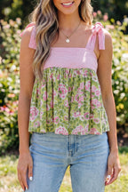 Floral Printed Knot Straps Babydoll Tank Top