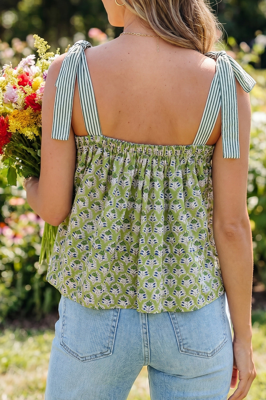 Floral Printed Knot Straps Babydoll Tank Top